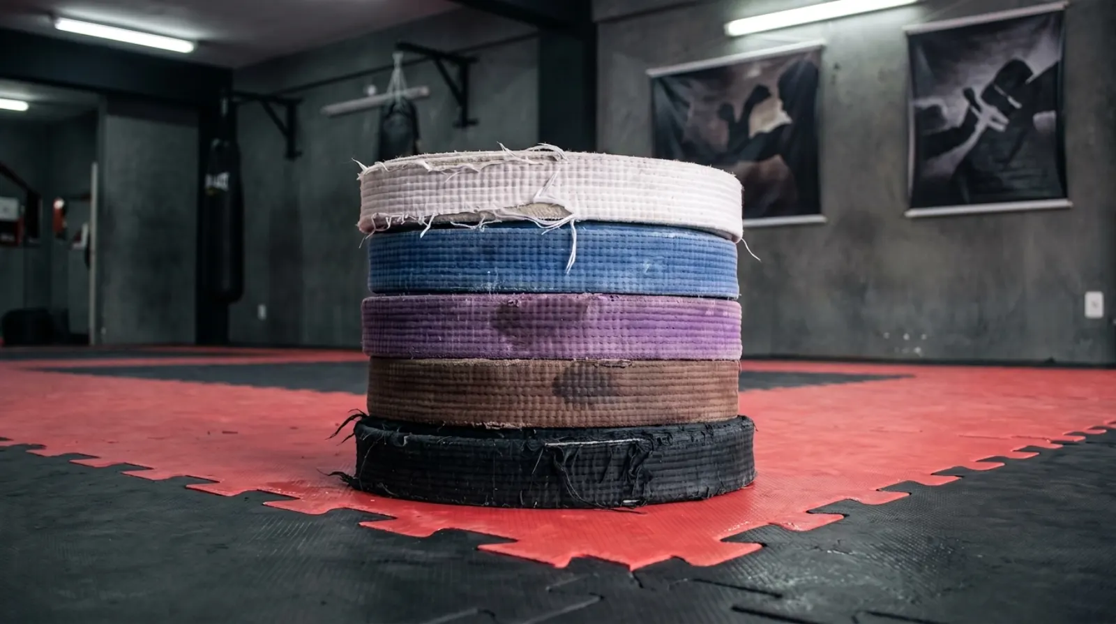 Five folded Brazilian jiu-jitsu belts stacked in rank order, white then blue then purple then brown then black, resting on red and black mats inside a Northern Virginia jiu-jitsu academy with heavy bags and posters on dark grey walls