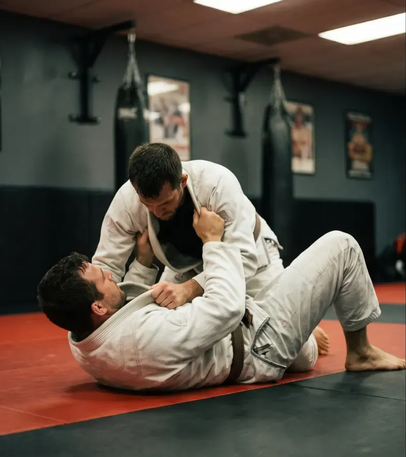 Two adults in white gis grappling Brazilian jiu-jitsu on red and black training mats at a Northern Virginia academy, one working from guard, heavy bags and posters on dark grey walls behind them