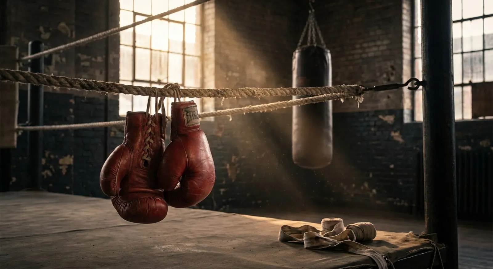 Worn red boxing gloves draped over the ropes of a ring with a heavy bag and hand wraps in a gym