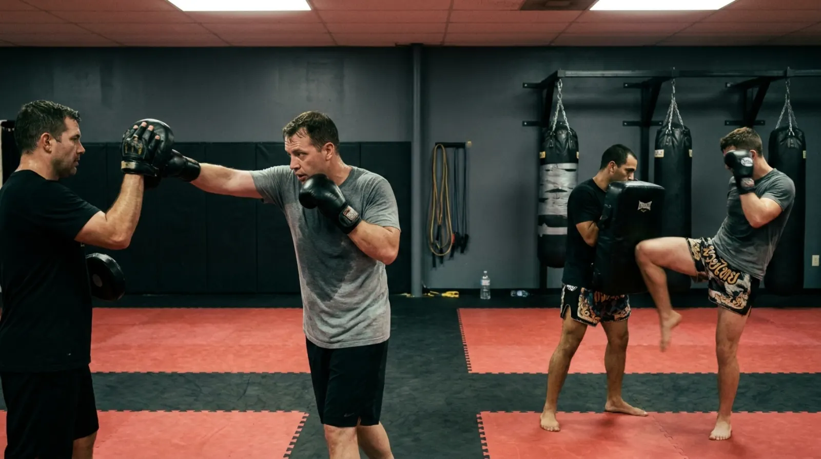 Two halves of one martial arts gym, on the left a boxer in gloves throwing a straight punch into a coach's focus mitt, on the right a student landing a round kick into a thick pad held at body height, red and black mats underfoot and heavy bags along the back wall
