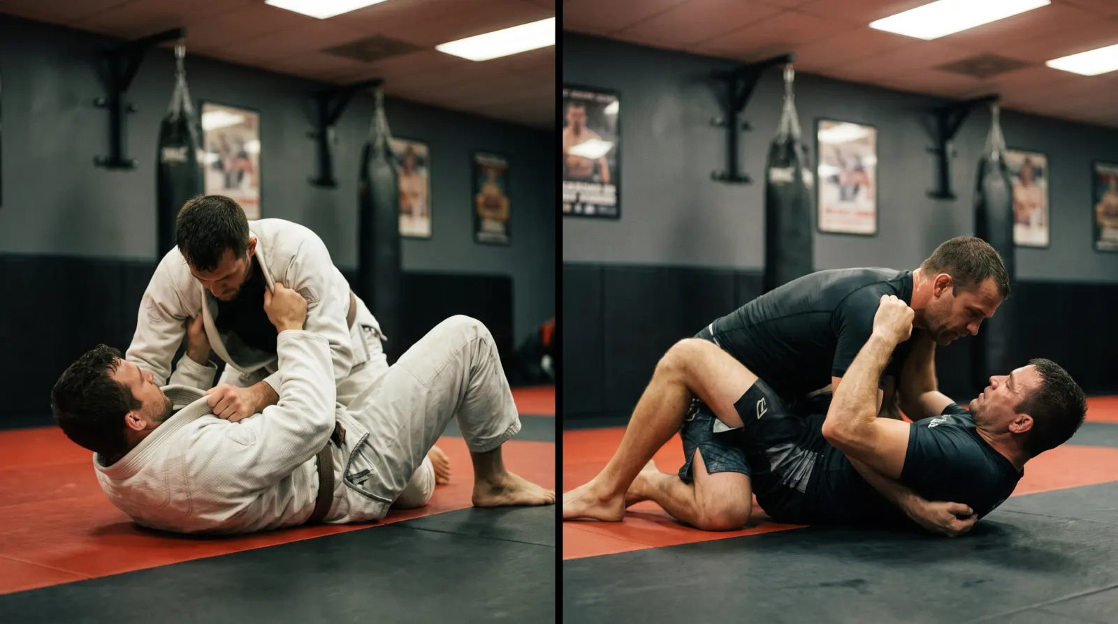 Split image inside a Northern Virginia jiu-jitsu academy: on the left two adults train gi jiu-jitsu in white cotton gis gripping collar and sleeve from guard, on the right two adults train no-gi in rash guards and shorts working body-lock control, on red and black mats with heavy bags and posters on dark grey walls
