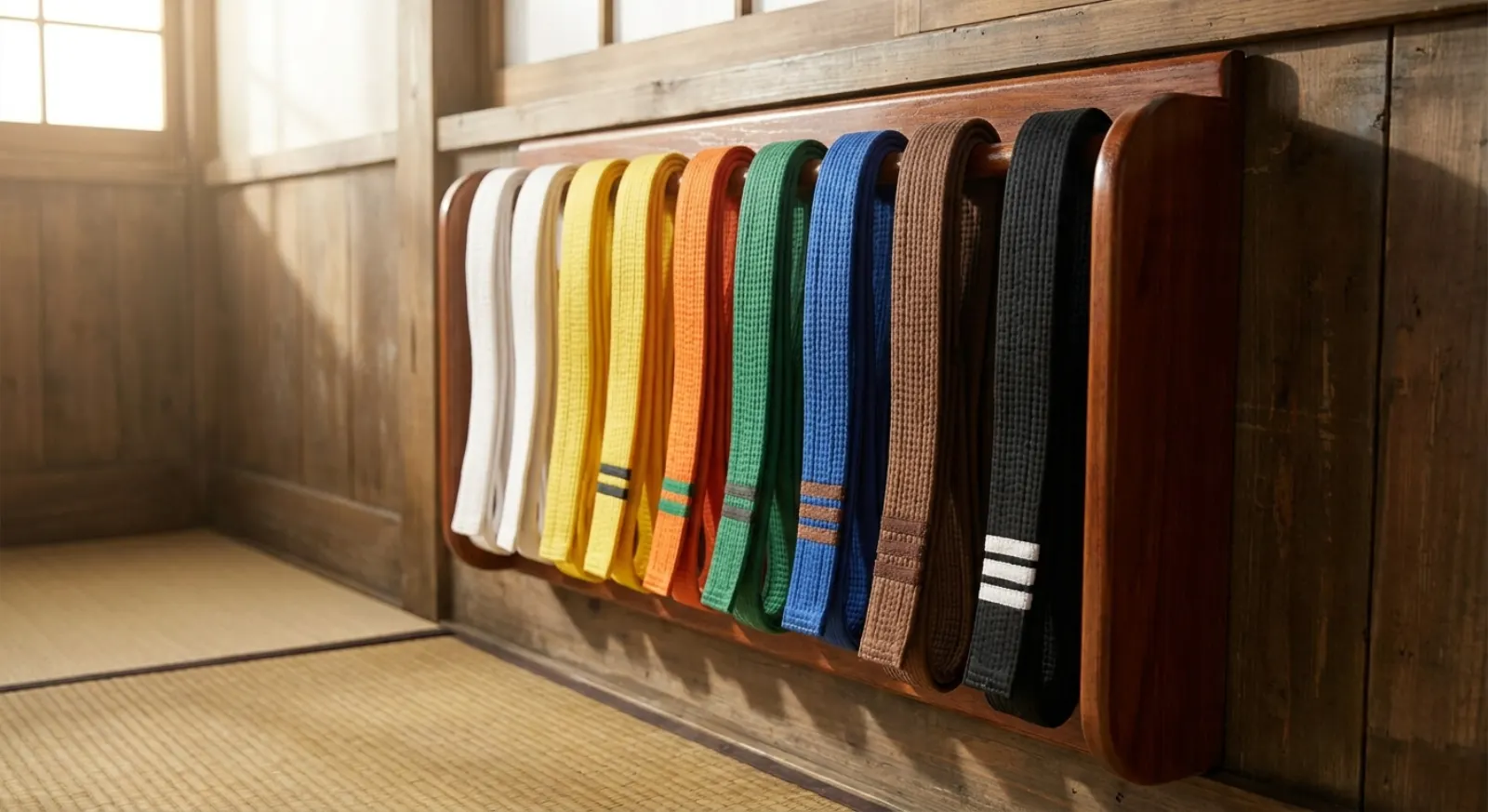 A dojo wall rack displaying karate belts in order from white through to black