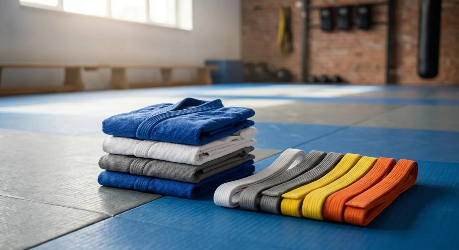 Folded children's Brazilian jiu-jitsu gis and a fanned row of colored kids' belts on a dojo mat