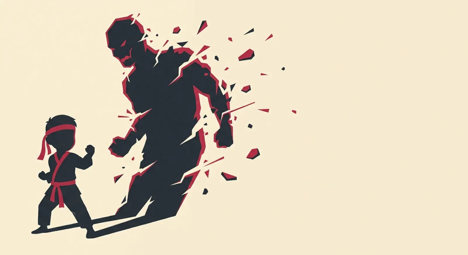 Editorial illustration of a child standing in a confident martial-arts stance as a looming shadow breaks apart
