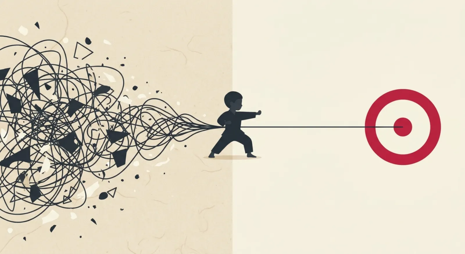 Editorial illustration of scattered energy resolving into a single focused line at a target, with a child in a martial-arts stance