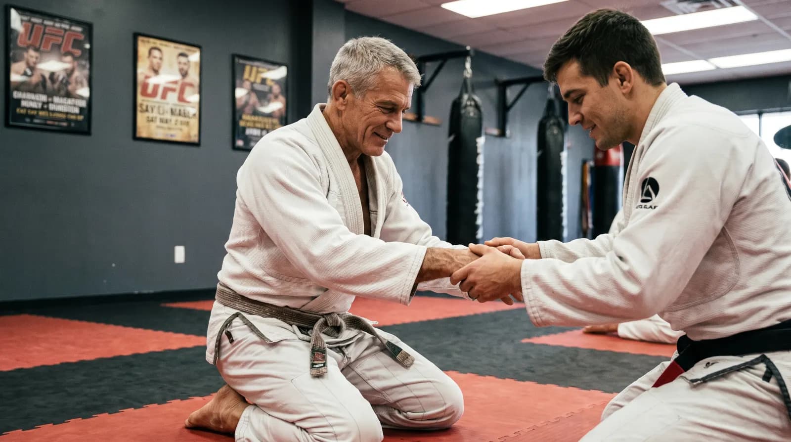 An adult man in his late fifties drills a slow jiu-jitsu grip with a coach on red and black mats at a Northern Virginia martial arts gym, both relaxed and focused, heavy bags and UFC posters on dark grey walls behind them
