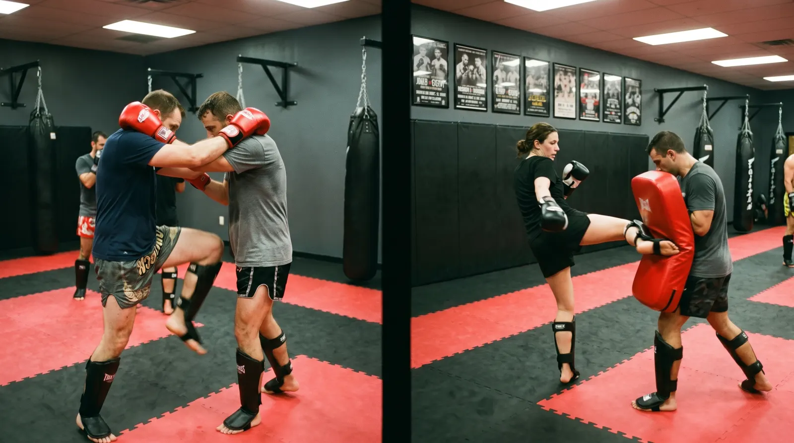 Split image comparing two striking styles in a martial arts gym, on the left two training partners in a Muay Thai clinch with one knee lifted, on the right a student kicking a red kick shield held by a partner, both on red and black mats with heavy bags along the walls