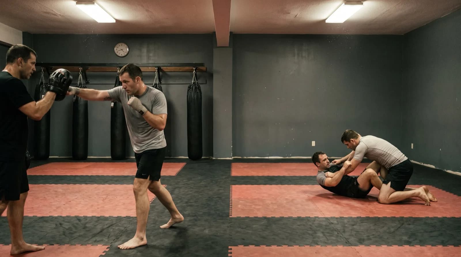 One martial arts training floor showing both ranges at once, on the left a student throwing a straight punch into a focus mitt held by a coach, on the right one training partner on his back and another kneeling over him working a grappling position, on red and black mats with heavy bags along the back wall