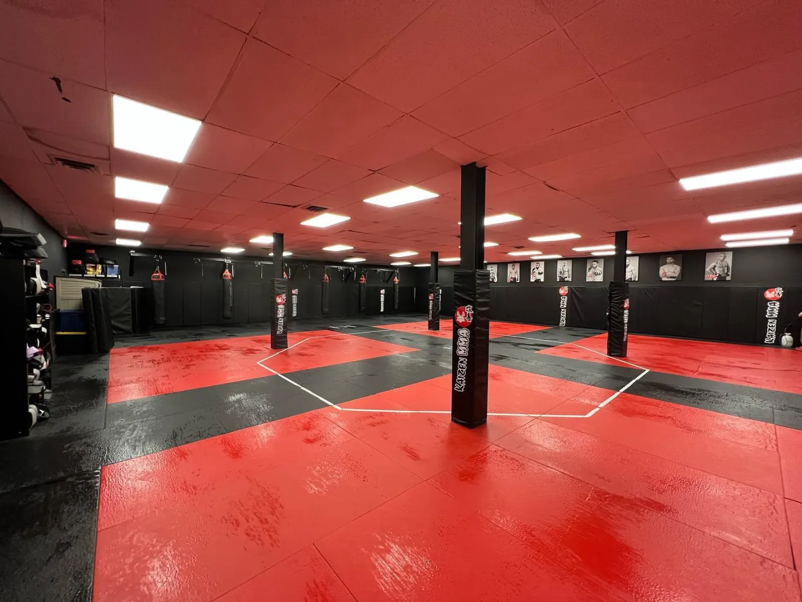 Kaizen MMA Vienna main training floor with red mats and UFC fighter posters