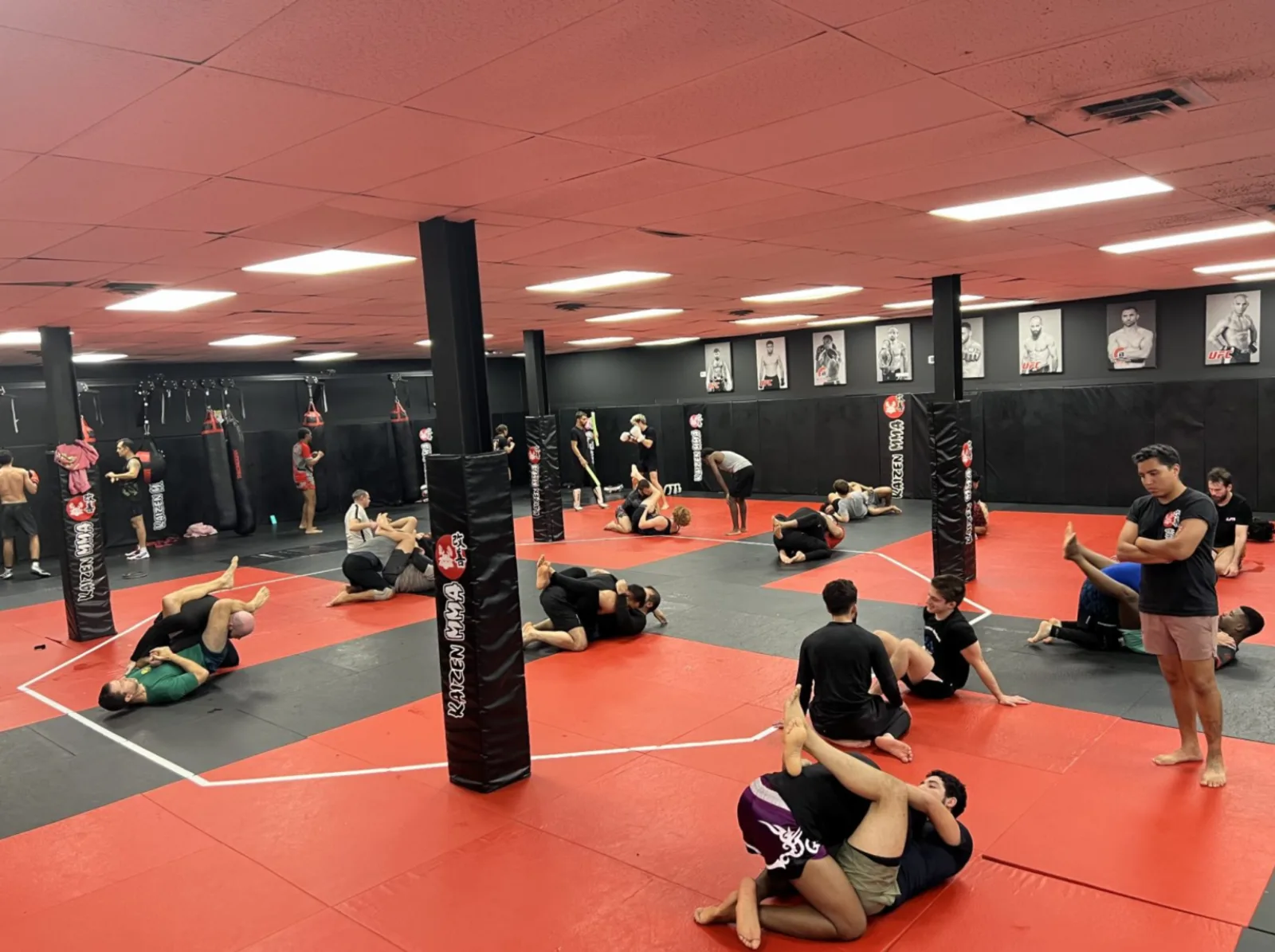 Wide shot of an adult Brazilian Jiu-Jitsu class at Kaizen MMA Vienna